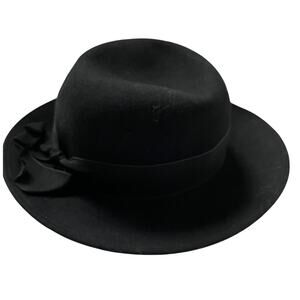 Vintage Felted Wool Cloche Hat Ribbon Bow Trim Made in Italy Black EUC